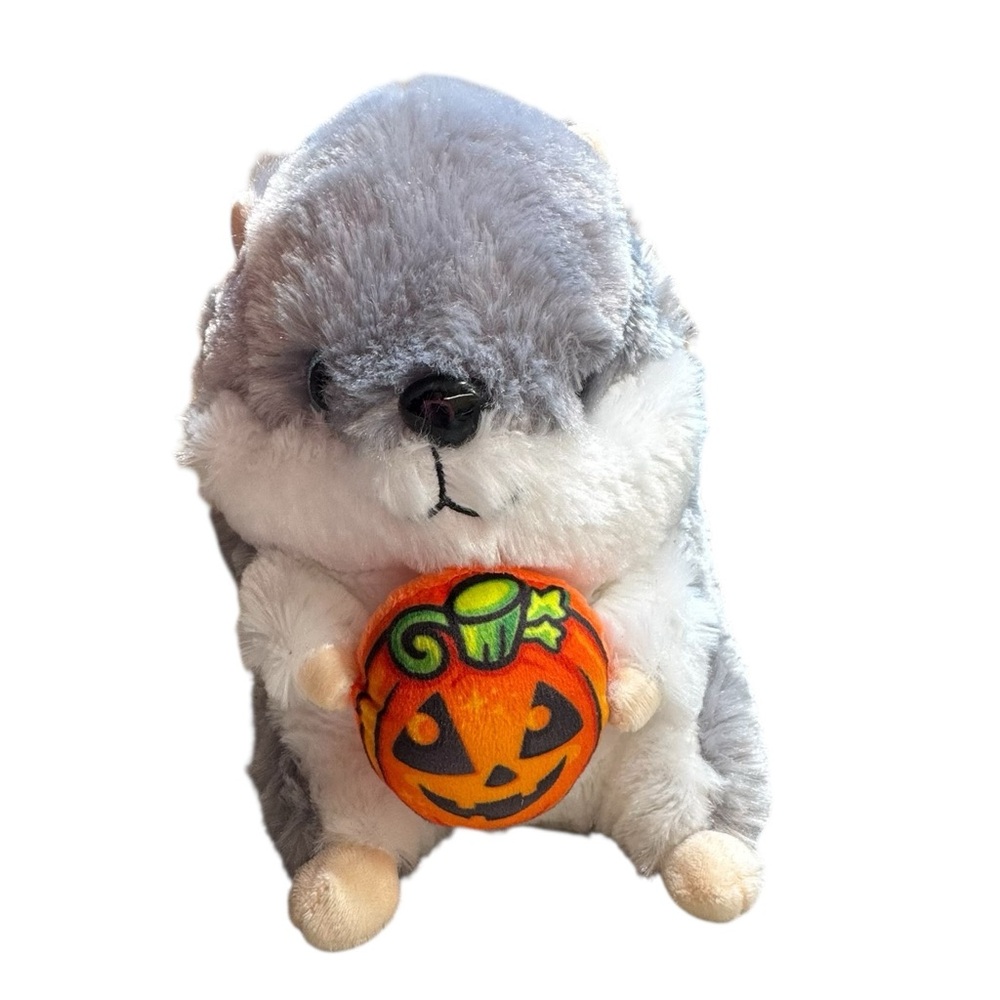Belly Buddy Halloween Hamster plush w/jack-o'-lantern pumpkin Gray and Cream EUC